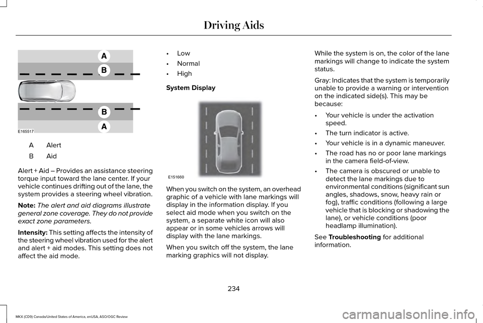 LINCOLN MKX 2016  Owners Manual AlertA
AidB
Alert + Aid – Provides an assistance steering
torque input toward the lane center. If your
vehicle continues drifting out of the lane, the
system provides a steering wheel vibration.
Not