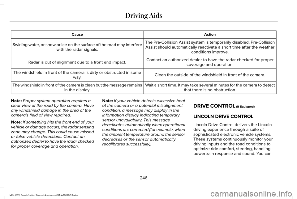 LINCOLN MKX 2016 Owners Manual Action
Cause
The Pre-Collision Assist system is temporarily disabled. Pre-CollisionAssist should automatically reactivate a short time after the weather conditions improve.
Swirling water, or snow or LINCOLN MKX 2016 Owners Manual Action
Cause
The Pre-Collision Assist system is temporarily disabled. Pre-CollisionAssist should automatically reactivate a short time after the weather conditions improve.
Swirling water, or snow or