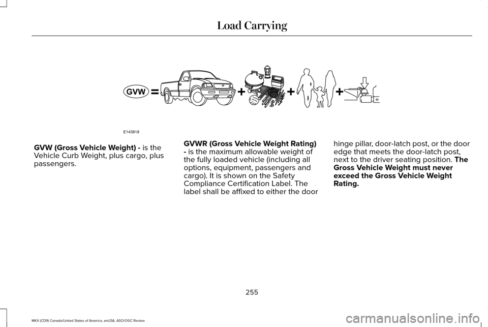 LINCOLN MKX 2016 Owners Manual GVW (Gross Vehicle Weight) - is the
Vehicle Curb Weight, plus cargo, plus
passengers. GVWR (Gross Vehicle Weight Rating)
- is the maximum allowable weight of
the fully loaded vehicle (including all
op LINCOLN MKX 2016 Owners Manual GVW (Gross Vehicle Weight) - is the
Vehicle Curb Weight, plus cargo, plus
passengers. GVWR (Gross Vehicle Weight Rating)
- is the maximum allowable weight of
the fully loaded vehicle (including all
op