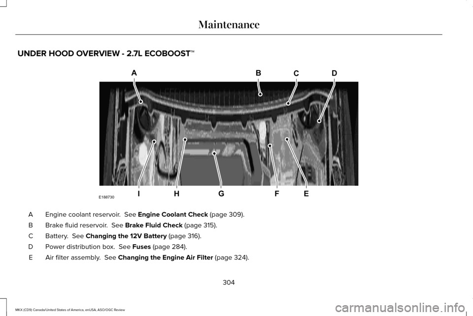 LINCOLN MKX 2016  Owners Manual UNDER HOOD OVERVIEW - 2.7L ECOBOOST™
Engine coolant reservoir.  See Engine Coolant Check (page 309).
A
Brake fluid reservoir. 
 See Brake Fluid Check (page 315).
B
Battery. 
 See Changing the 12V Ba