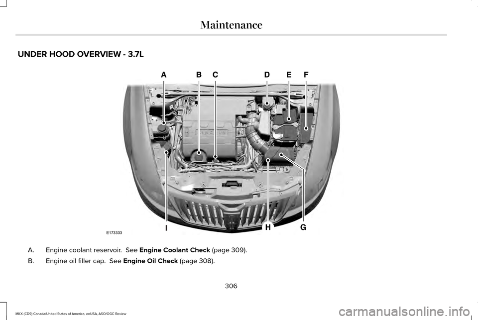 LINCOLN MKX 2016  Owners Manual UNDER HOOD OVERVIEW - 3.7L
Engine coolant reservoir.  See Engine Coolant Check (page 309).
A.
Engine oil filler cap. 
 See Engine Oil Check (page 308).
B.
306
MKX (CD9) Canada/United States of America