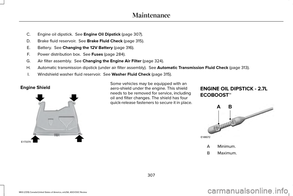 LINCOLN MKX 2016  Owners Manual Engine oil dipstick.  See Engine Oil Dipstick (page 307).
C.
Brake fluid reservoir. 
 See Brake Fluid Check (page 315).
D.
Battery. 
 See Changing the 12V Battery (page 316).
E.
Power distribution box