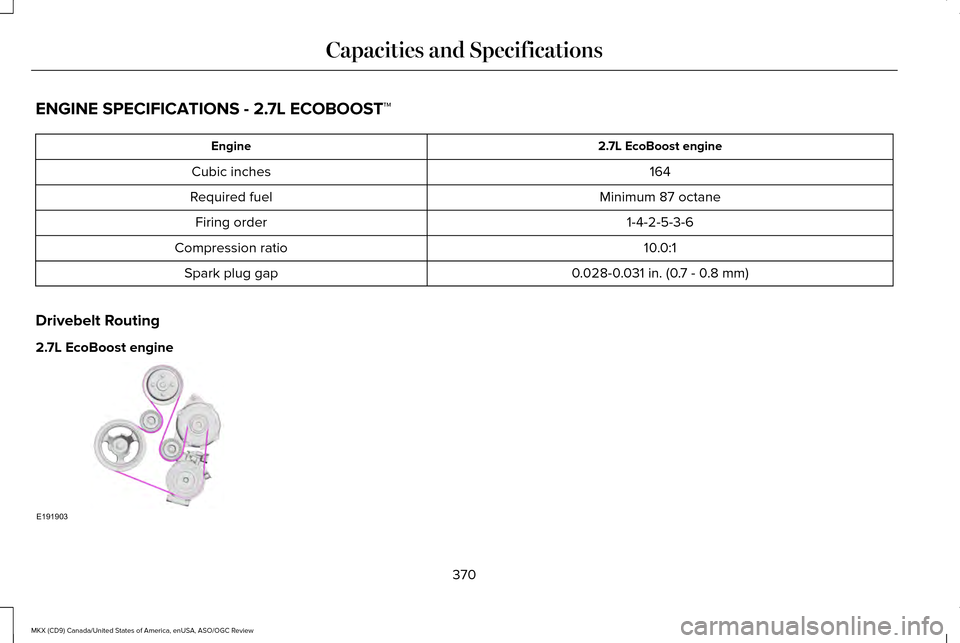 LINCOLN MKX 2016  Owners Manual ENGINE SPECIFICATIONS - 2.7L ECOBOOST™
2.7L EcoBoost engine
Engine
164
Cubic inches
Minimum 87 octane
Required fuel
1-4-2-5-3-6
Firing order
10.0:1
Compression ratio
0.028-0.031 in. (0.7 - 0.8 mm)
S
