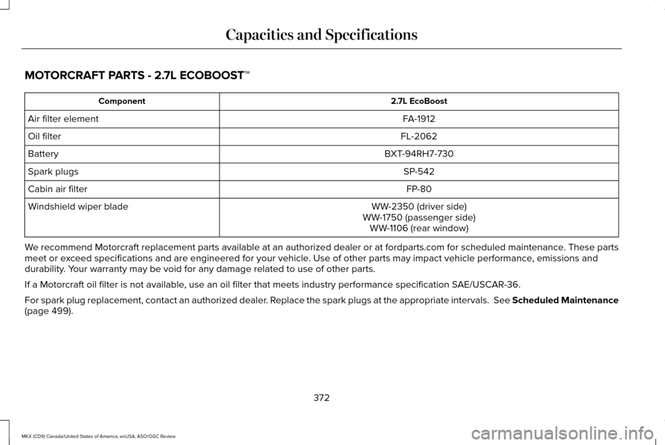 LINCOLN MKX 2016  Owners Manual MOTORCRAFT PARTS - 2.7L ECOBOOST™
2.7L EcoBoost
Component
FA-1912
Air filter element
FL-2062
Oil filter
BXT-94RH7-730
Battery
SP-542
Spark plugs
FP-80
Cabin air filter
WW-2350 (driver side)
Windshie