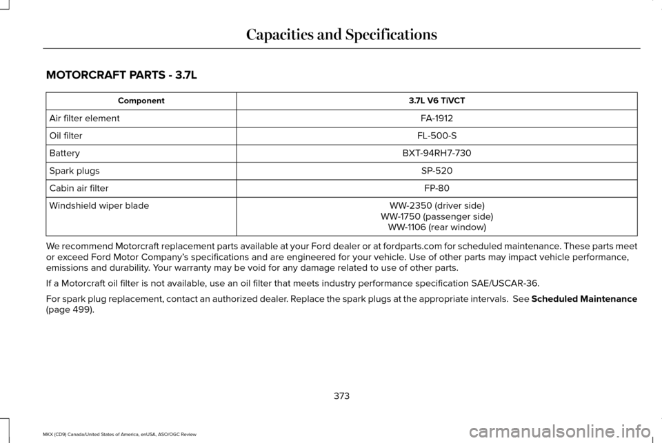 LINCOLN MKX 2016  Owners Manual MOTORCRAFT PARTS - 3.7L
3.7L V6 TiVCT
Component
FA-1912
Air filter element
FL-500-S
Oil filter
BXT-94RH7-730
Battery
SP-520
Spark plugs
FP-80
Cabin air filter
WW-2350 (driver side)
Windshield wiper bl