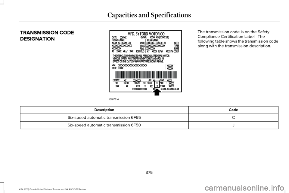 LINCOLN MKX 2016  Owners Manual TRANSMISSION CODE
DESIGNATION The transmission code is on the Safety
Compliance Certification Label.  The
following table shows the transmission code
along with the transmission description.
Code
Desc