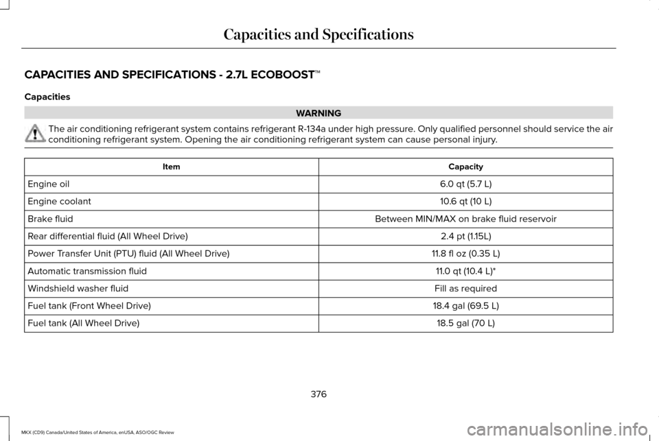 LINCOLN MKX 2016  Owners Manual CAPACITIES AND SPECIFICATIONS - 2.7L ECOBOOST™
Capacities
WARNING
The air conditioning refrigerant system contains refrigerant R-134a unde\
r high pressure. Only qualified personnel should service t