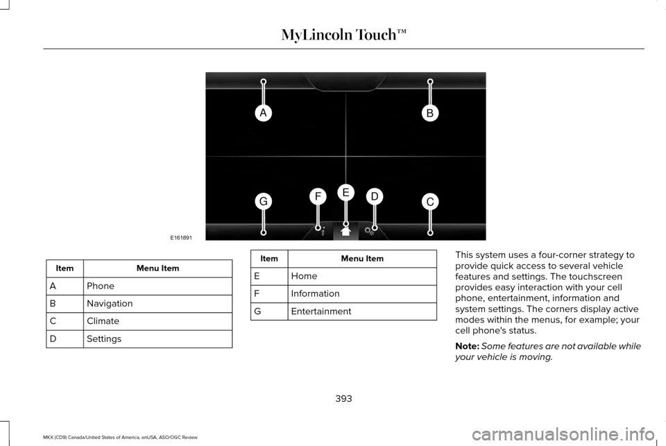 LINCOLN MKX 2016 Owners Manual Menu Item
Item
Phone
A
Navigation
B
Climate
C
Settings
D Menu Item
Item
Home
E
Information
F
Entertainment
G This system uses a four-corner strategy to
provide quick access to several vehicle
features LINCOLN MKX 2016 Owners Manual Menu Item
Item
Phone
A
Navigation
B
Climate
C
Settings
D Menu Item
Item
Home
E
Information
F
Entertainment
G This system uses a four-corner strategy to
provide quick access to several vehicle
features