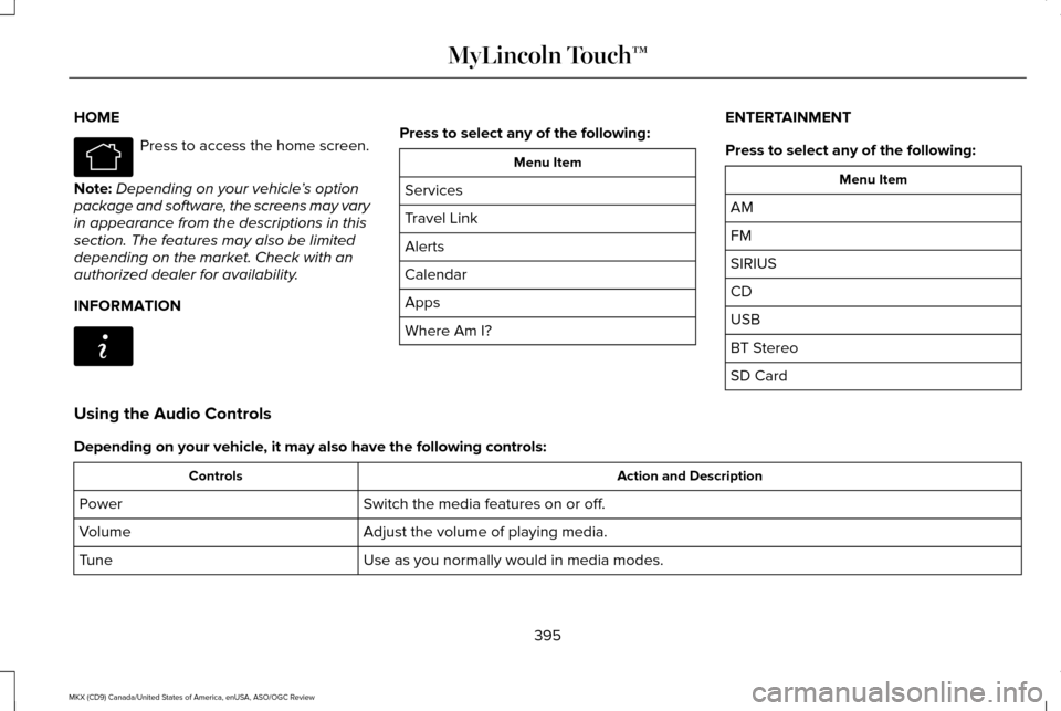 LINCOLN MKX 2016 Owners Manual HOME
Press to access the home screen.
Note: Depending on your vehicle ’s option
package and software, the screens may vary
in appearance from the descriptions in this
section. The features may also LINCOLN MKX 2016 Owners Manual HOME
Press to access the home screen.
Note: Depending on your vehicle ’s option
package and software, the screens may vary
in appearance from the descriptions in this
section. The features may also