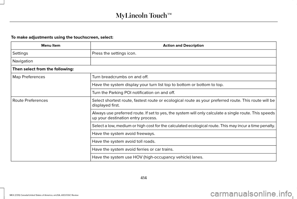 LINCOLN MKX 2016 Owners Manual To make adjustments using the touchscreen, select:
Action and Description
Menu Item
Press the settings icon.
Settings
Navigation
Then select from the following:
Turn breadcrumbs on and off.
Map Prefer LINCOLN MKX 2016 Owners Manual To make adjustments using the touchscreen, select:
Action and Description
Menu Item
Press the settings icon.
Settings
Navigation
Then select from the following:
Turn breadcrumbs on and off.
Map Prefer