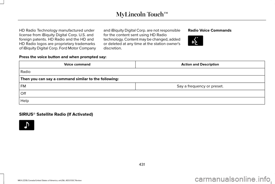 LINCOLN MKX 2016 Owners Manual HD Radio Technology manufactured under
license from iBiquity Digital Corp. U.S. and
foreign patents. HD Radio and the HD and
HD Radio logos are proprietary trademarks
of iBiquity Digital Corp. Ford Mo LINCOLN MKX 2016 Owners Manual HD Radio Technology manufactured under
license from iBiquity Digital Corp. U.S. and
foreign patents. HD Radio and the HD and
HD Radio logos are proprietary trademarks
of iBiquity Digital Corp. Ford Mo
