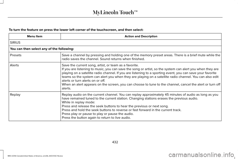 LINCOLN MKX 2016 Owners Manual To turn the feature on press the lower left corner of the touchscreen, an\
d then select:
Action and Description
Menu Item
SIRIUS
You can then select any of the following: Save a channel by pressing a LINCOLN MKX 2016 Owners Manual To turn the feature on press the lower left corner of the touchscreen, an\
d then select:
Action and Description
Menu Item
SIRIUS
You can then select any of the following: Save a channel by pressing a
