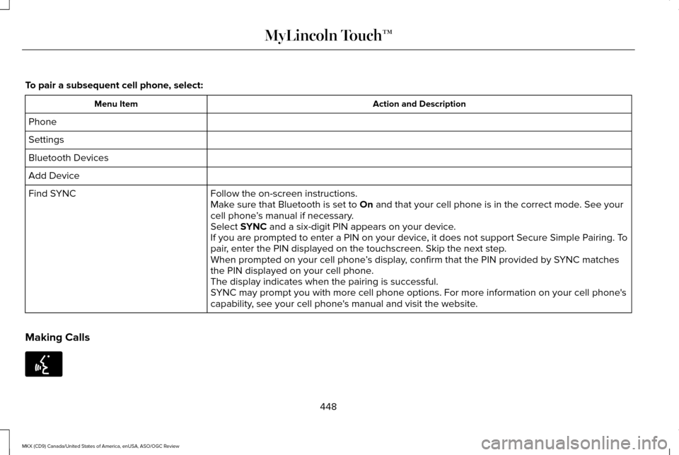 LINCOLN MKX 2016 Owners Manual To pair a subsequent cell phone, select:
Action and Description
Menu Item
Phone
Settings
Bluetooth Devices
Add Device Follow the on-screen instructions.
Find SYNC
Make sure that Bluetooth is set to On LINCOLN MKX 2016 Owners Manual To pair a subsequent cell phone, select:
Action and Description
Menu Item
Phone
Settings
Bluetooth Devices
Add Device Follow the on-screen instructions.
Find SYNC
Make sure that Bluetooth is set to On