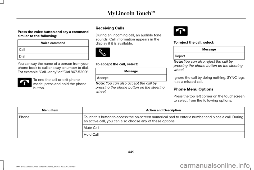 LINCOLN MKX 2016 Owners Manual Press the voice button and say a command
similar to the following:
Voice command
Call
Dial
You can say the name of a person from your
phone book to call or a say a number to dial.
For example "Call Je LINCOLN MKX 2016 Owners Manual Press the voice button and say a command
similar to the following:
Voice command
Call
Dial
You can say the name of a person from your
phone book to call or a say a number to dial.
For example "Call Je