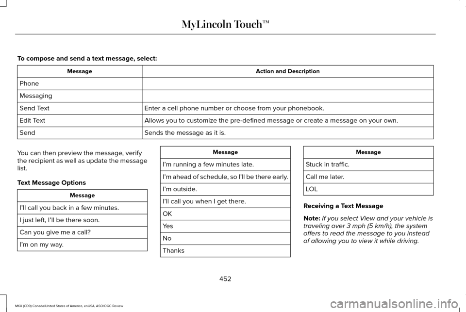LINCOLN MKX 2016 Owners Manual To compose and send a text message, select:
Action and Description
Message
Phone
Messaging Enter a cell phone number or choose from your phonebook.
Send Text
Allows you to customize the pre-defined me LINCOLN MKX 2016 Owners Manual To compose and send a text message, select:
Action and Description
Message
Phone
Messaging Enter a cell phone number or choose from your phonebook.
Send Text
Allows you to customize the pre-defined me
