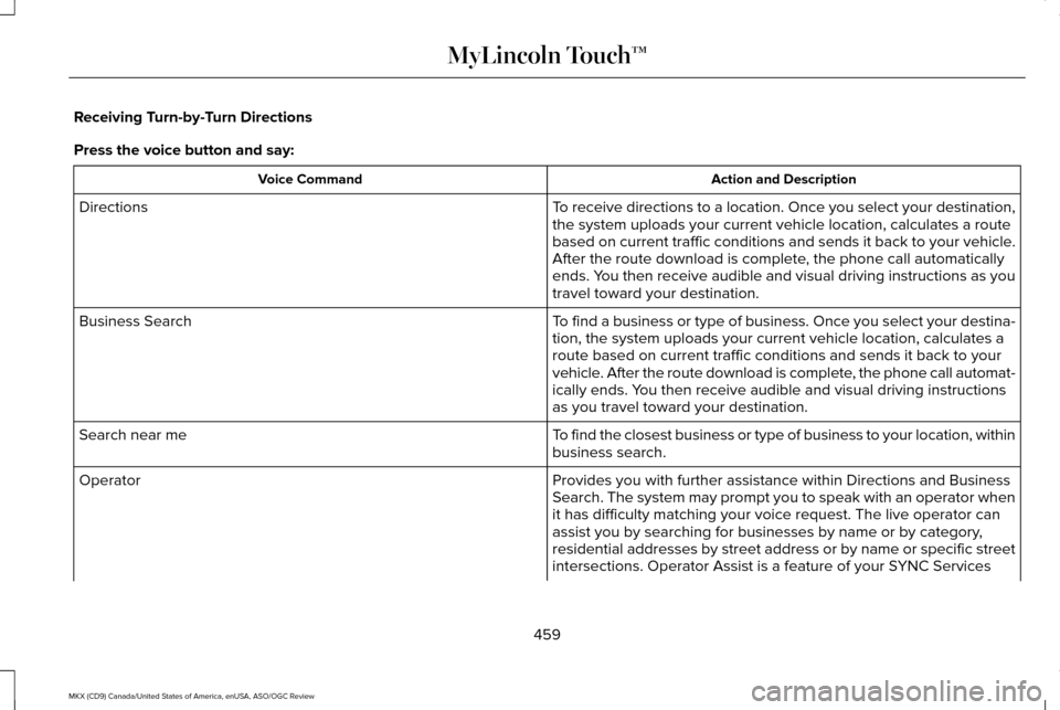LINCOLN MKX 2016 Owners Manual Receiving Turn-by-Turn Directions
Press the voice button and say:
Action and Description
Voice Command
To receive directions to a location. Once you select your destination,
the system uploads your cu LINCOLN MKX 2016 Owners Manual Receiving Turn-by-Turn Directions
Press the voice button and say:
Action and Description
Voice Command
To receive directions to a location. Once you select your destination,
the system uploads your cu