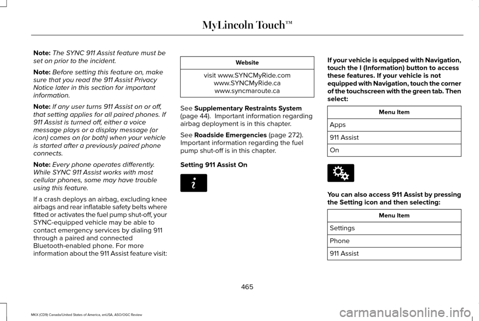 LINCOLN MKX 2016 Owners Manual Note:
The SYNC 911 Assist feature must be
set on prior to the incident.
Note: Before setting this feature on, make
sure that you read the 911 Assist Privacy
Notice later in this section for important
LINCOLN MKX 2016 Owners Manual Note:
The SYNC 911 Assist feature must be
set on prior to the incident.
Note: Before setting this feature on, make
sure that you read the 911 Assist Privacy
Notice later in this section for important
