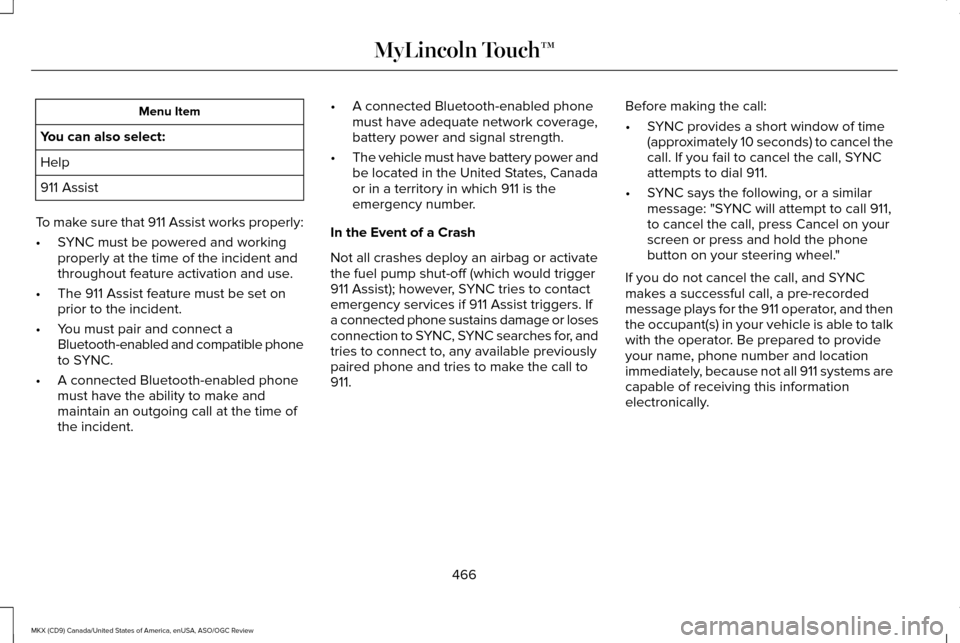 LINCOLN MKX 2016 Owners Manual Menu Item
You can also select:
Help
911 Assist
To make sure that 911 Assist works properly:
• SYNC must be powered and working
properly at the time of the incident and
throughout feature activation LINCOLN MKX 2016 Owners Manual Menu Item
You can also select:
Help
911 Assist
To make sure that 911 Assist works properly:
• SYNC must be powered and working
properly at the time of the incident and
throughout feature activation