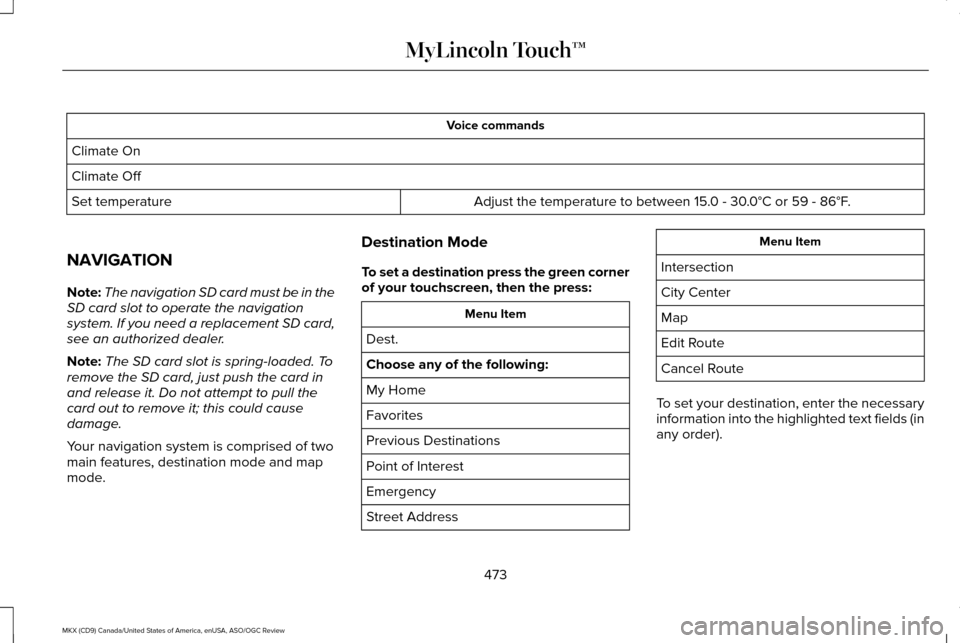 LINCOLN MKX 2016 Owners Manual Voice commands
Climate On
Climate Off Adjust the temperature to between 15.0 - 30.0°C or 59 - 86°F.
Set temperature
NAVIGATION
Note: The navigation SD card must be in the
SD card slot to operate the LINCOLN MKX 2016 Owners Manual Voice commands
Climate On
Climate Off Adjust the temperature to between 15.0 - 30.0°C or 59 - 86°F.
Set temperature
NAVIGATION
Note: The navigation SD card must be in the
SD card slot to operate the