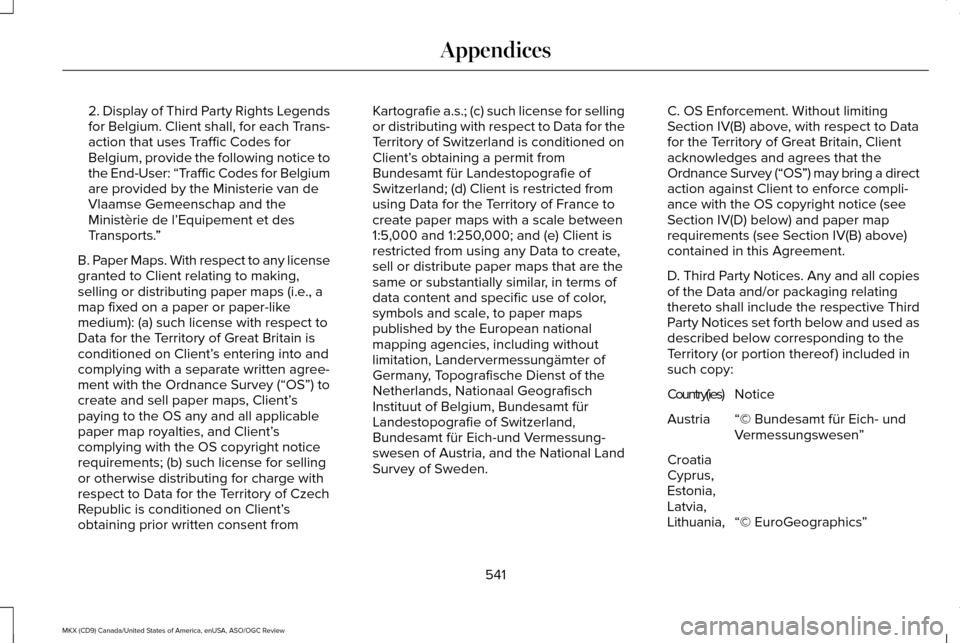 LINCOLN MKX 2016 Owners Manual 2. Display of Third Party Rights Legends
for Belgium. Client shall, for each Trans-
action that uses Traffic Codes for
Belgium, provide the following notice to
the End-User: “Traffic Codes for Belgi LINCOLN MKX 2016 Owners Manual 2. Display of Third Party Rights Legends
for Belgium. Client shall, for each Trans-
action that uses Traffic Codes for
Belgium, provide the following notice to
the End-User: “Traffic Codes for Belgi