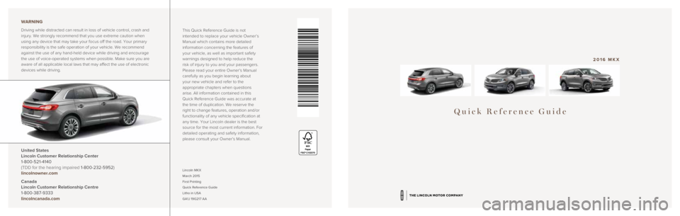 LINCOLN MKX 2016  Quick Reference Guide 