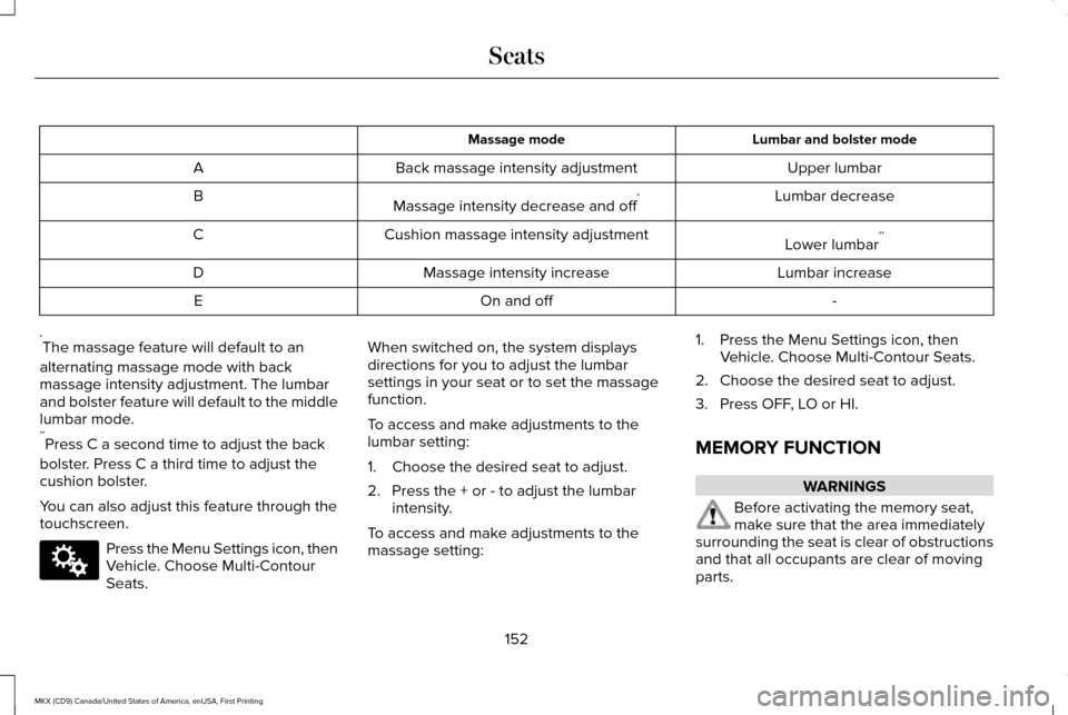 LINCOLN MKX 2017 Owners Manual Lumbar and bolster mode
Massage mode
Upper lumbar
Back massage intensity adjustment
A
Lumbar decrease
Massage intensity decrease and off *
B
Lower lumbar**
Cushion massage intensity adjustment
C
Lumba LINCOLN MKX 2017 Owners Manual Lumbar and bolster mode
Massage mode
Upper lumbar
Back massage intensity adjustment
A
Lumbar decrease
Massage intensity decrease and off *
B
Lower lumbar**
Cushion massage intensity adjustment
C
Lumba