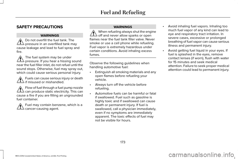 LINCOLN MKX 2017 Owners Guide SAFETY PRECAUTIONS
WARNINGS
Do not overfill the fuel tank. The
pressure in an overfilled tank may
cause leakage and lead to fuel spray and
fire. The fuel system may be under
pressure. If you hear a hi LINCOLN MKX 2017 Owners Guide SAFETY PRECAUTIONS
WARNINGS
Do not overfill the fuel tank. The
pressure in an overfilled tank may
cause leakage and lead to fuel spray and
fire. The fuel system may be under
pressure. If you hear a hi
