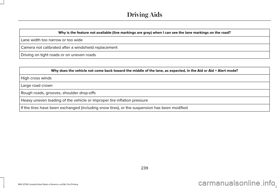 LINCOLN MKX 2017 Owners Manual Why is the feature not available (line markings are gray) when I can s\
ee the lane markings on the road?
Lane width too narrow or too wide
Camera not calibrated after a windshield replacement
Driving LINCOLN MKX 2017 Owners Manual Why is the feature not available (line markings are gray) when I can s\
ee the lane markings on the road?
Lane width too narrow or too wide
Camera not calibrated after a windshield replacement
Driving