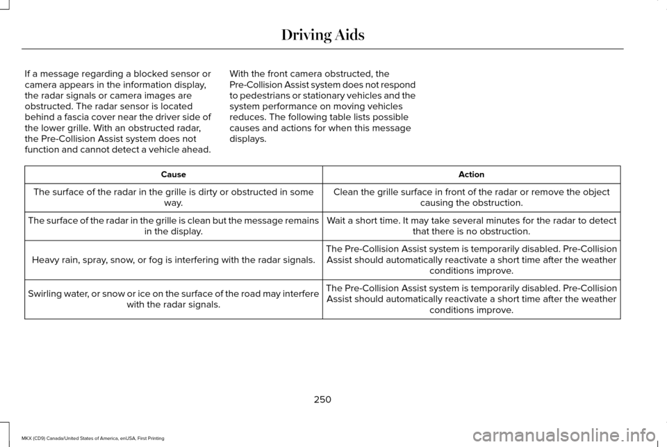 LINCOLN MKX 2017 Owners Manual If a message regarding a blocked sensor or
camera appears in the information display,
the radar signals or camera images are
obstructed. The radar sensor is located
behind a fascia cover near the driv LINCOLN MKX 2017 Owners Manual If a message regarding a blocked sensor or
camera appears in the information display,
the radar signals or camera images are
obstructed. The radar sensor is located
behind a fascia cover near the driv
