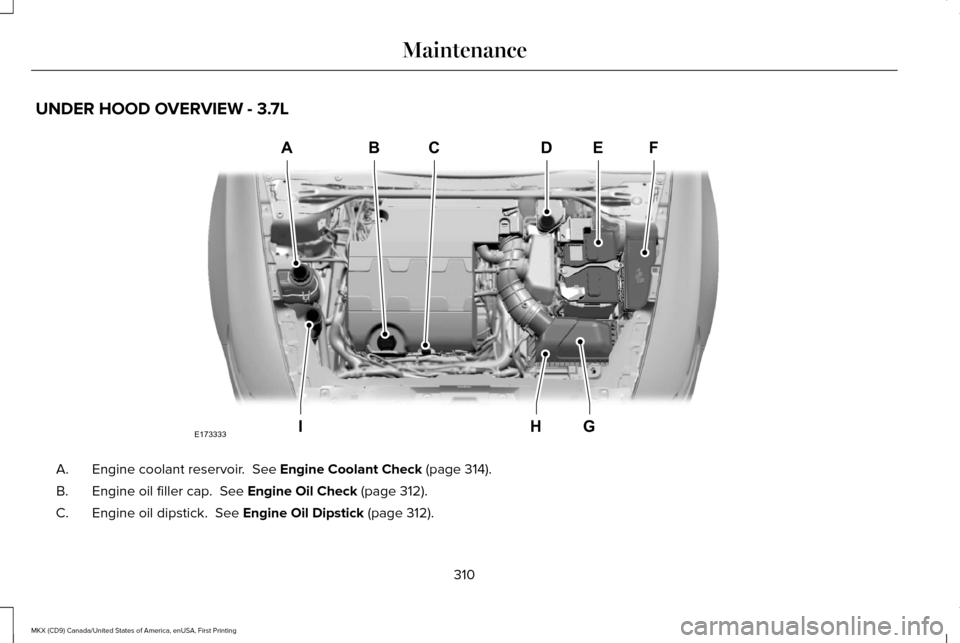 LINCOLN MKX 2017 Owners Manual UNDER HOOD OVERVIEW - 3.7L
Engine coolant reservoir. See Engine Coolant Check (page 314).
A.
Engine oil filler cap.
See Engine Oil Check (page 312).
B.
Engine oil dipstick.
See Engine Oil Dipstic LINCOLN MKX 2017 Owners Manual UNDER HOOD OVERVIEW - 3.7L
Engine coolant reservoir. See Engine Coolant Check (page 314).
A.
Engine oil filler cap.
See Engine Oil Check (page 312).
B.
Engine oil dipstick.
See Engine Oil Dipstic