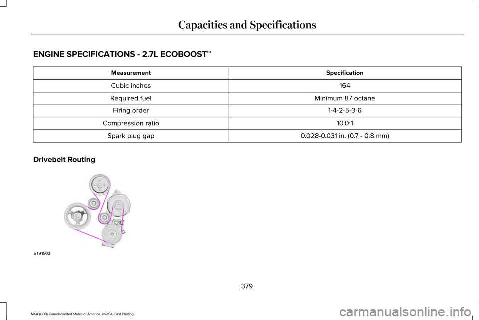 LINCOLN MKX 2017 Workshop Manual ENGINE SPECIFICATIONS - 2.7L ECOBOOST™
Specification
Measurement
164
Cubic inches
Minimum 87 octane
Required fuel
1-4-2-5-3-6
Firing order
10.0:1
Compression ratio
0.028-0.031 in. (0.7 - 0.8 mm)
Spa