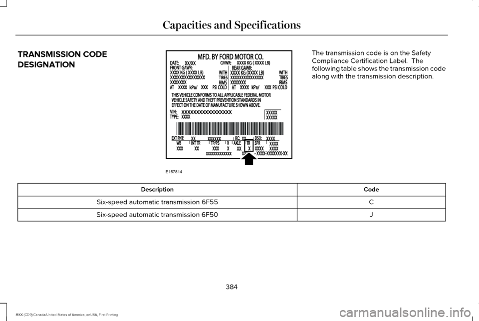 LINCOLN MKX 2017  Owners Manual TRANSMISSION CODE
DESIGNATION The transmission code is on the Safety
Compliance Certification Label.  The
following table shows the transmission code
along with the transmission description.
Code
Desc