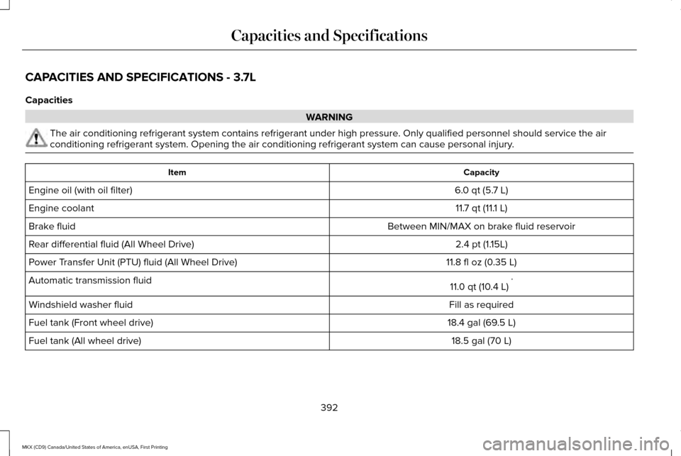 LINCOLN MKX 2017  Owners Manual CAPACITIES AND SPECIFICATIONS - 3.7L
Capacities
WARNING
The air conditioning refrigerant system contains refrigerant under high \
pressure. Only qualified personnel should service the air
conditioning