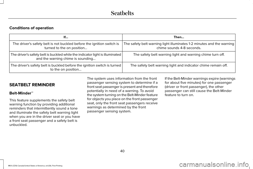 LINCOLN MKX 2017 Service Manual Conditions of operation
Then...
If...
The safety belt warning light illuminates 1-2 minutes and the warningchime sounds 4-8 seconds.
The drivers safety belt is not buckled before the ignition switch 