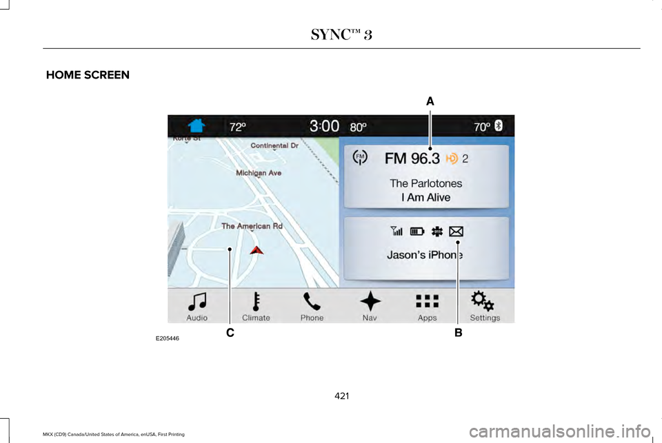 LINCOLN MKX 2017 Owners Guide HOME SCREEN
421
MKX (CD9) Canada/United States of America, enUSA, First Printing SYNC™ 3E205446 LINCOLN MKX 2017 Owners Guide HOME SCREEN
421
MKX (CD9) Canada/United States of America, enUSA, First Printing SYNC™ 3E205446