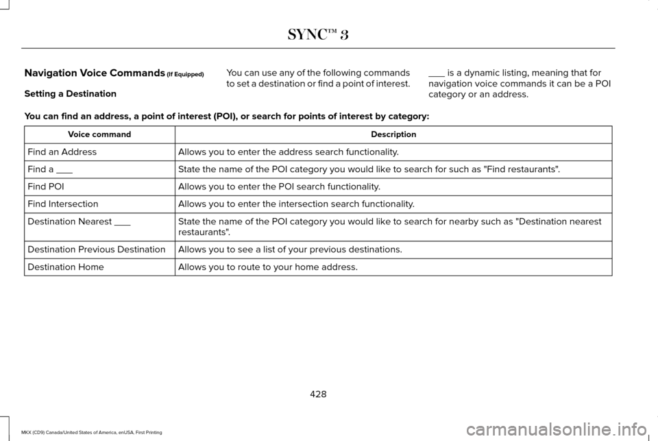 LINCOLN MKX 2017 Owners Guide Navigation Voice Commands (If Equipped)
Setting a Destination You can use any of the following commands
to set a destination or find a point of interest.
___ is a dynamic listing, meaning that for
nav LINCOLN MKX 2017 Owners Guide Navigation Voice Commands (If Equipped)
Setting a Destination You can use any of the following commands
to set a destination or find a point of interest.
___ is a dynamic listing, meaning that for
nav