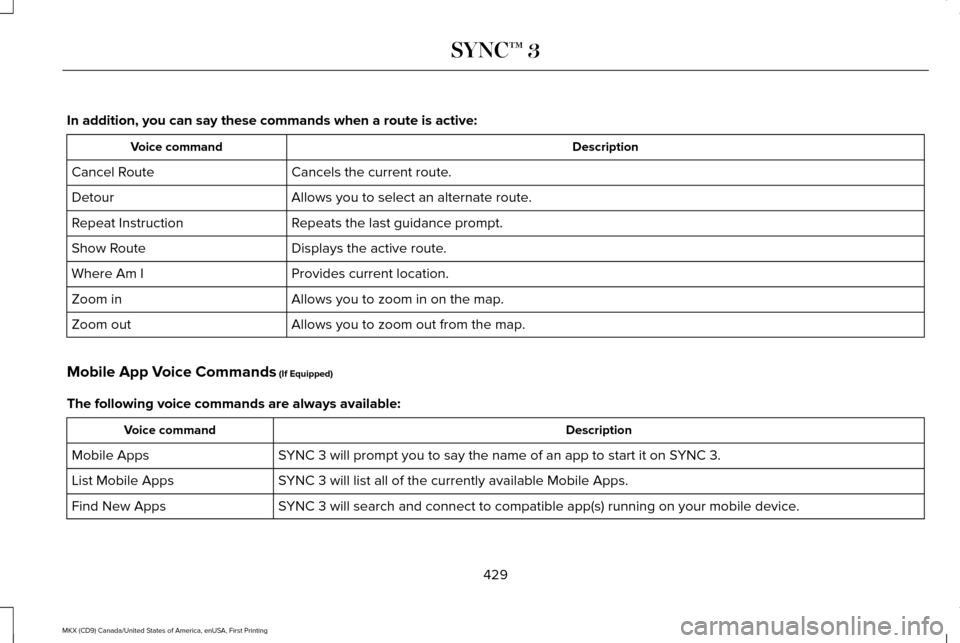 LINCOLN MKX 2017 Owners Guide In addition, you can say these commands when a route is active:
Description
Voice command
Cancels the current route.
Cancel Route
Allows you to select an alternate route.
Detour
Repeats the last guida LINCOLN MKX 2017 Owners Guide In addition, you can say these commands when a route is active:
Description
Voice command
Cancels the current route.
Cancel Route
Allows you to select an alternate route.
Detour
Repeats the last guida