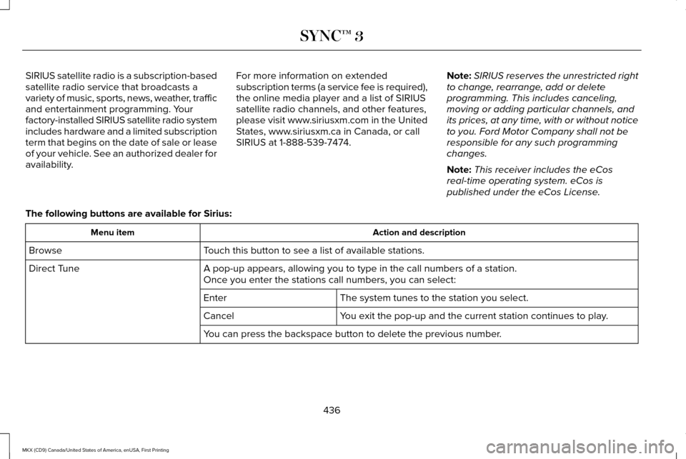 LINCOLN MKX 2017 Owners Manual SIRIUS satellite radio is a subscription-based
satellite radio service that broadcasts a
variety of music, sports, news, weather, traffic
and entertainment programming. Your
factory-installed SIRIUS s LINCOLN MKX 2017 Owners Manual SIRIUS satellite radio is a subscription-based
satellite radio service that broadcasts a
variety of music, sports, news, weather, traffic
and entertainment programming. Your
factory-installed SIRIUS s