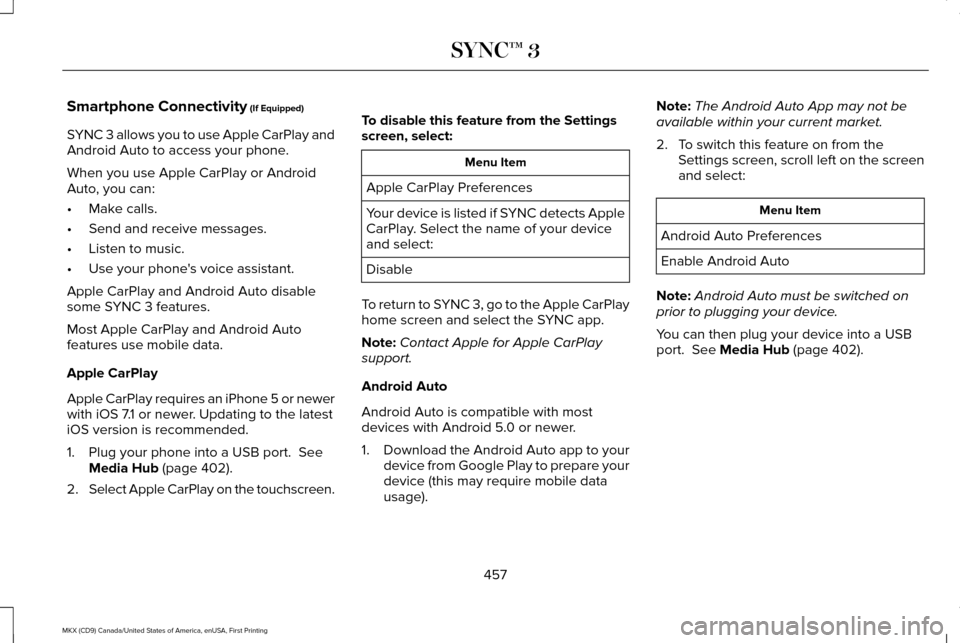 LINCOLN MKX 2017 Owners Manual Smartphone Connectivity (If Equipped)
SYNC 3 allows you to use Apple CarPlay and
Android Auto to access your phone.
When you use Apple CarPlay or Android
Auto, you can:
• Make calls.
• Send and re LINCOLN MKX 2017 Owners Manual Smartphone Connectivity (If Equipped)
SYNC 3 allows you to use Apple CarPlay and
Android Auto to access your phone.
When you use Apple CarPlay or Android
Auto, you can:
• Make calls.
• Send and re
