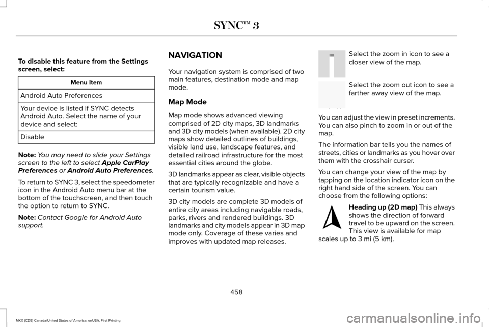 LINCOLN MKX 2017 Owners Manual To disable this feature from the Settings
screen, select:
Menu Item
Android Auto Preferences
Your device is listed if SYNC detects
Android Auto. Select the name of your
device and select:
Disable
Note LINCOLN MKX 2017 Owners Manual To disable this feature from the Settings
screen, select:
Menu Item
Android Auto Preferences
Your device is listed if SYNC detects
Android Auto. Select the name of your
device and select:
Disable
Note
