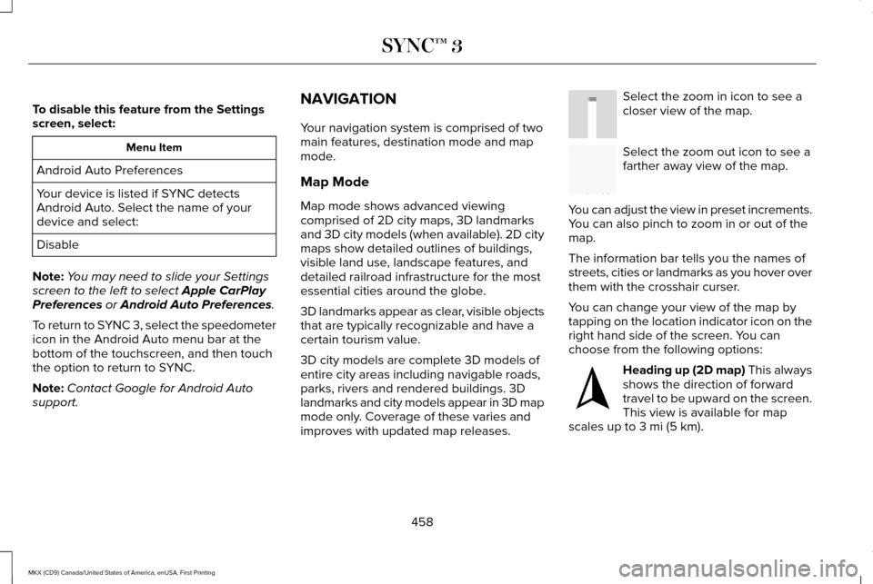 LINCOLN MKX 2017  Owners Manual To disable this feature from the Settings
screen, select:
Menu Item
Android Auto Preferences
Your device is listed if SYNC detects
Android Auto. Select the name of your
device and select:
Disable
Note