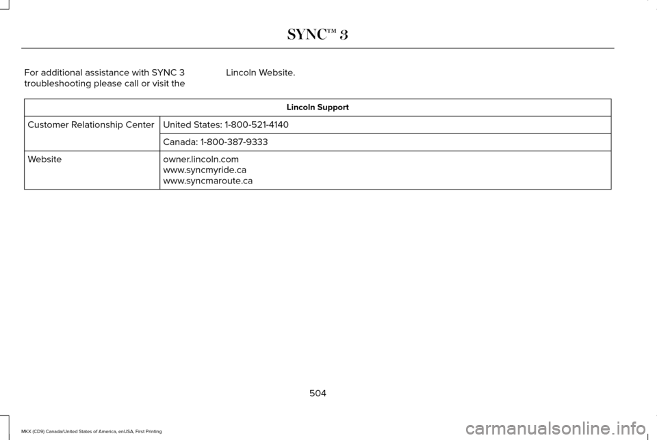 LINCOLN MKX 2017 User Guide For additional assistance with SYNC 3
troubleshooting please call or visit the
Lincoln Website. Lincoln Support
United States: 1-800-521-4140
Customer Relationship Center
Canada: 1-800-387-9333
owner. LINCOLN MKX 2017 User Guide For additional assistance with SYNC 3
troubleshooting please call or visit the
Lincoln Website. Lincoln Support
United States: 1-800-521-4140
Customer Relationship Center
Canada: 1-800-387-9333
owner.