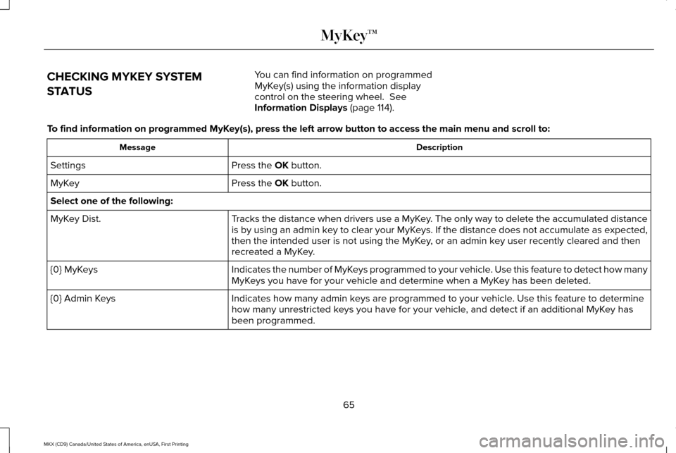 LINCOLN MKX 2017  Owners Manual CHECKING MYKEY SYSTEM
STATUS
You can find information on programmed
MyKey(s) using the information display
control on the steering wheel.  See
Information Displays (page 114).
To find information on p