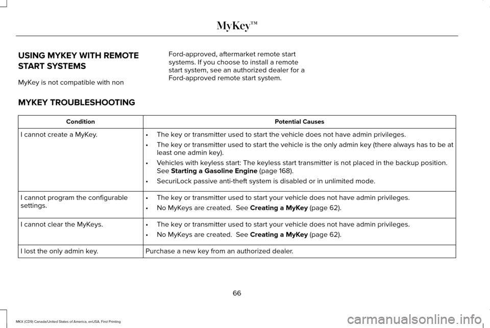 LINCOLN MKX 2017 Owners Manual USING MYKEY WITH REMOTE
START SYSTEMS
MyKey is not compatible with non
Ford-approved, aftermarket remote start
systems. If you choose to install a remote
start system, see an authorized dealer for a
F LINCOLN MKX 2017 Owners Manual USING MYKEY WITH REMOTE
START SYSTEMS
MyKey is not compatible with non
Ford-approved, aftermarket remote start
systems. If you choose to install a remote
start system, see an authorized dealer for a
F
