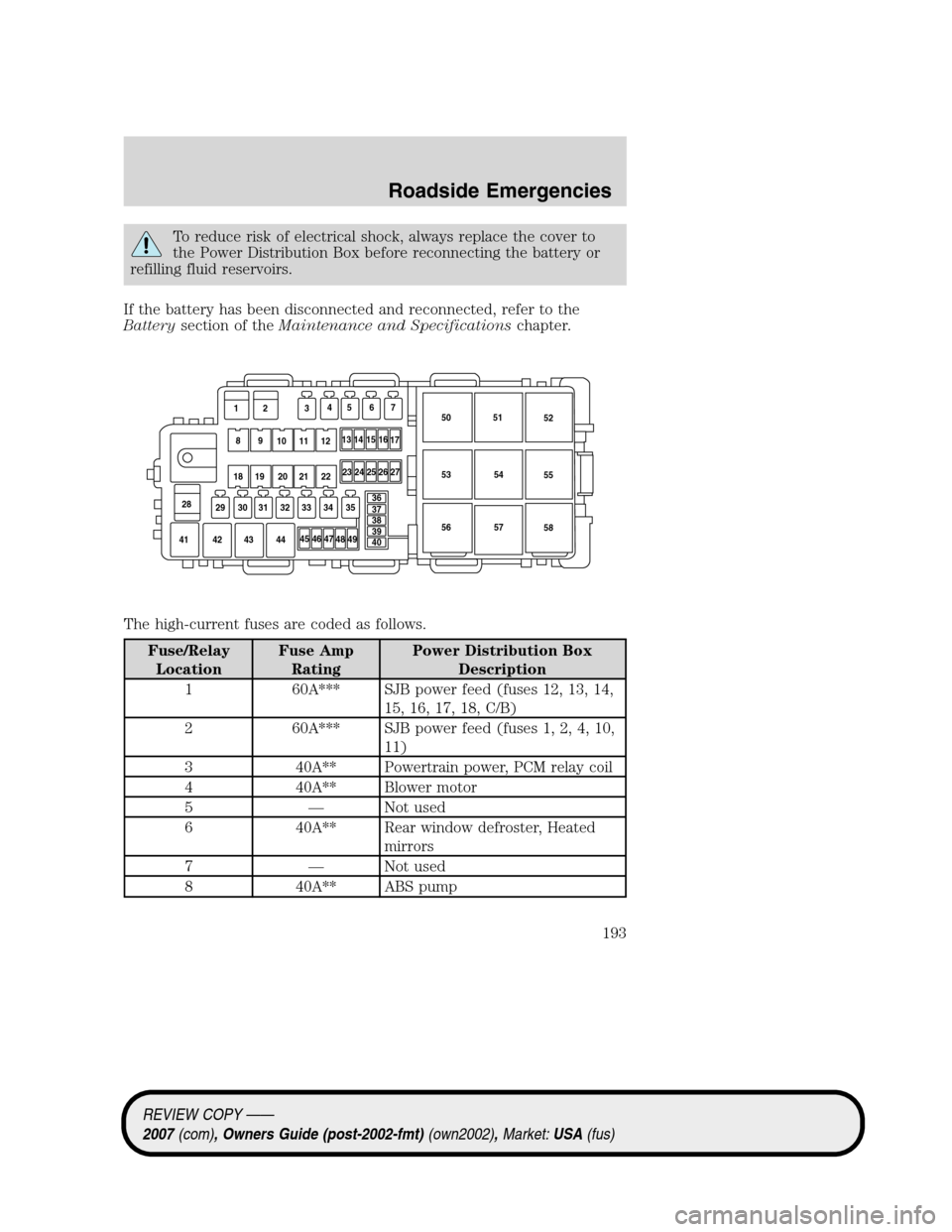 LINCOLN MKZ 2007 User Guide To reduce risk of electrical shock, always replace the cover to
the Power Distribution Box before reconnecting the battery or
refilling fluid reservoirs.
If the battery has been disconnected and recon