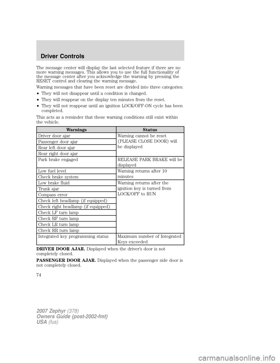 LINCOLN MKZ 2007 User Guide The message center will display the last selected feature if there are no
more warning messages. This allows you to use the full functionality of
the message center after you acknowledge the warning b