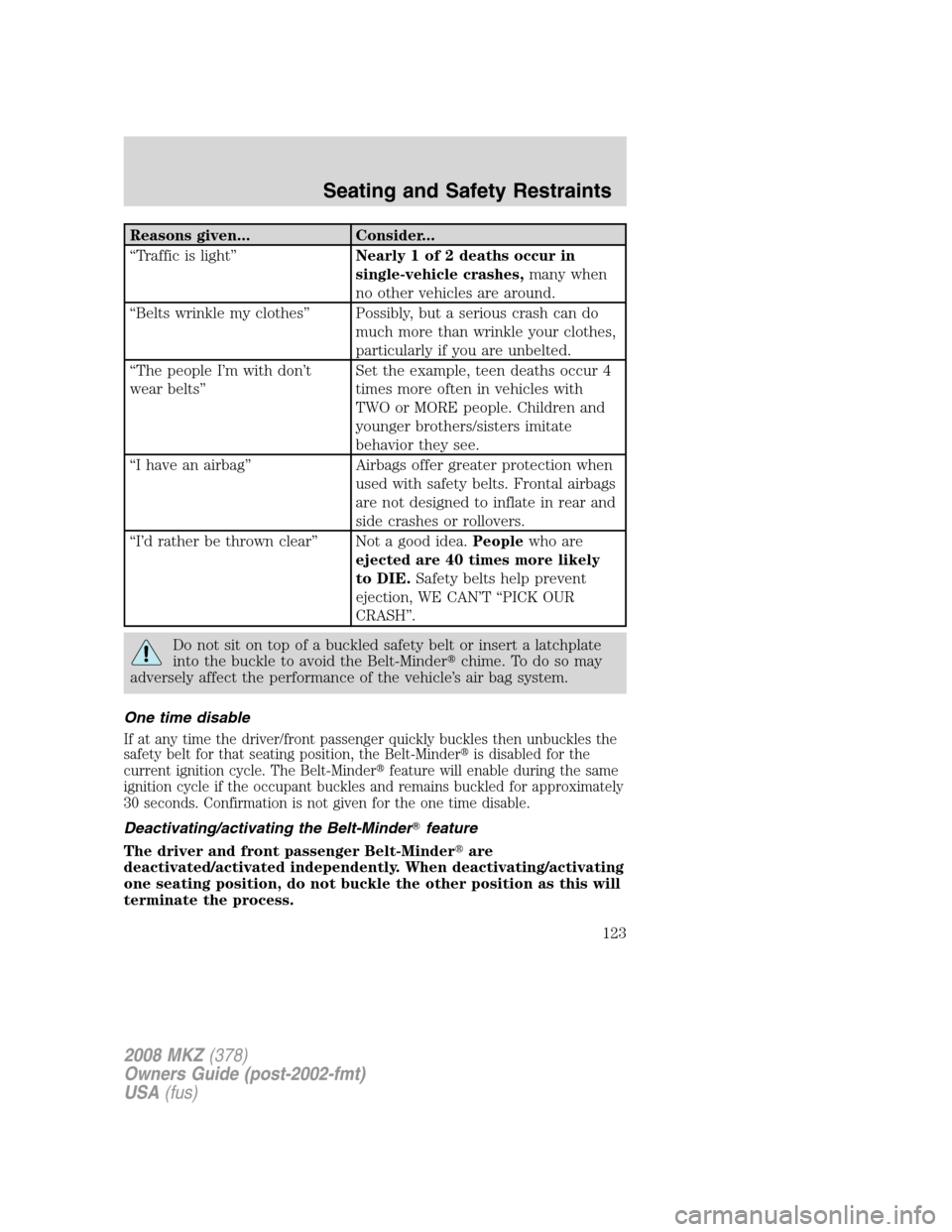 LINCOLN MKZ 2008  Owners Manual Reasons given... Consider...
“Traffic is light”Nearly 1 of 2 deaths occur in
single-vehicle crashes,many when
no other vehicles are around.
“Belts wrinkle my clothes” Possibly, but a serious c