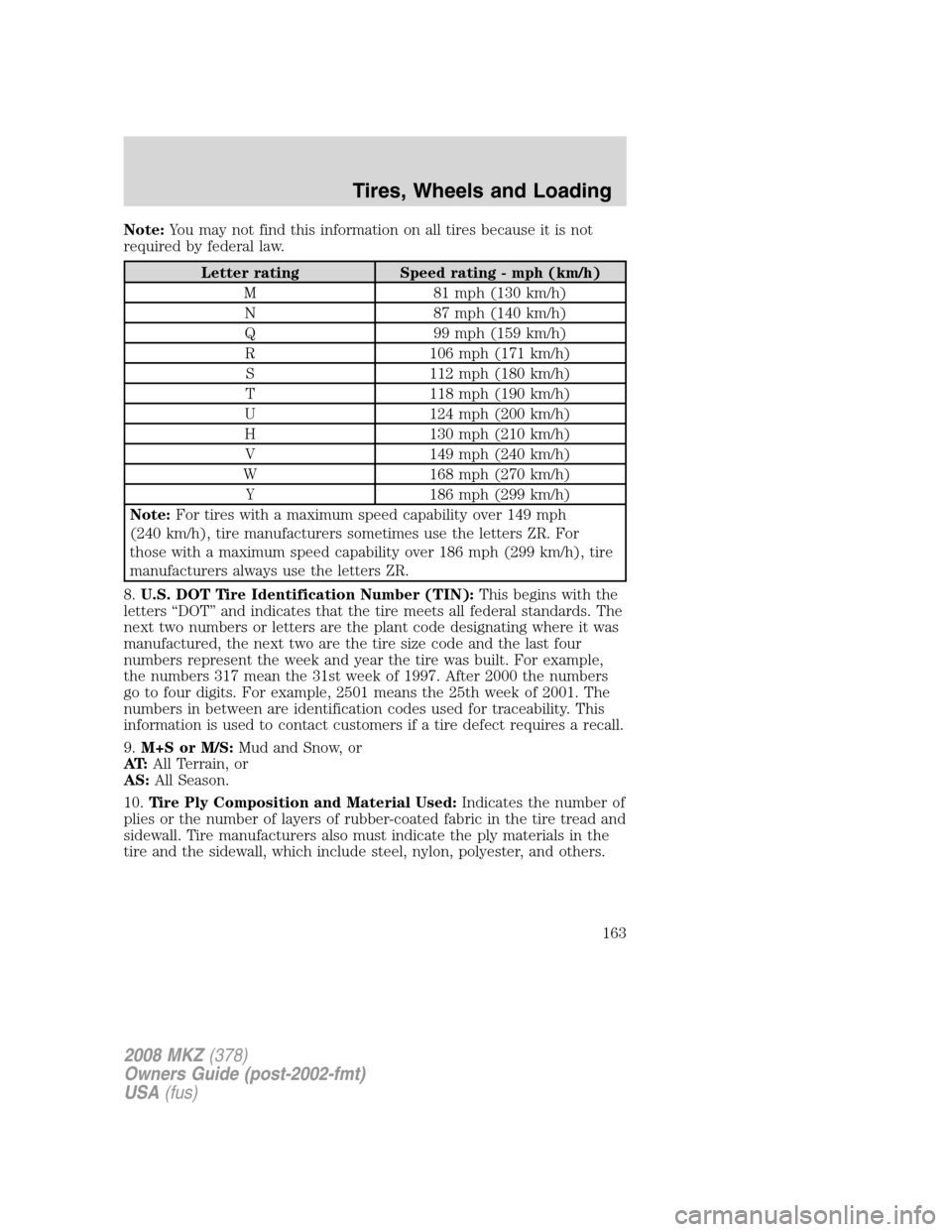 LINCOLN MKZ 2008 Owners Manual Note:You may not find this information on all tires because it is not
required by federal law.
Letter rating Speed rating - mph (km/h)
M 81 mph (130 km/h)
N 87 mph (140 km/h)
Q 99 mph (159 km/h)
R 106 LINCOLN MKZ 2008 Owners Manual Note:You may not find this information on all tires because it is not
required by federal law.
Letter rating Speed rating - mph (km/h)
M 81 mph (130 km/h)
N 87 mph (140 km/h)
Q 99 mph (159 km/h)
R 106