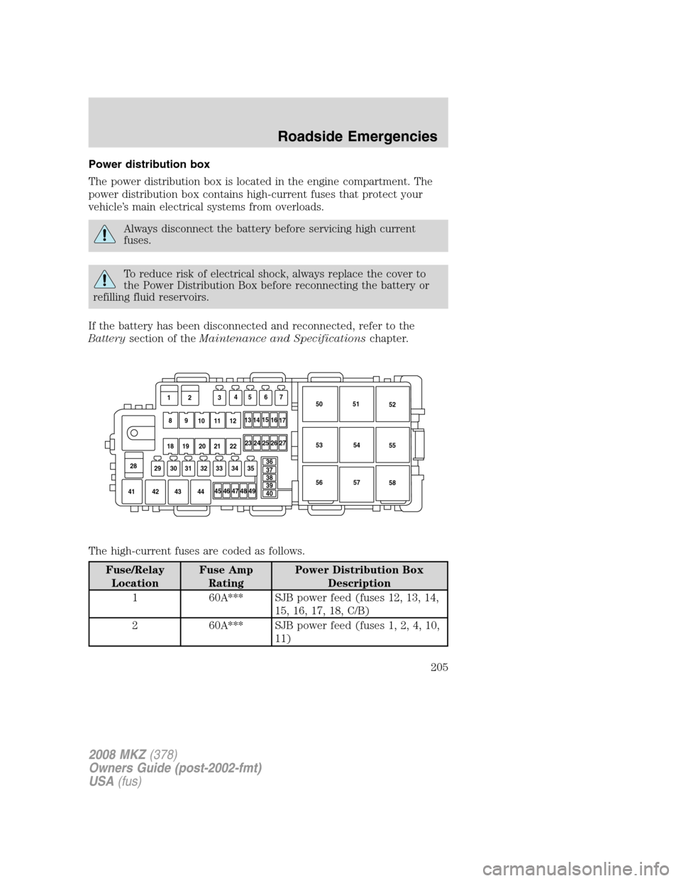 LINCOLN MKZ 2008 User Guide Power distribution box
The power distribution box is located in the engine compartment. The
power distribution box contains high-current fuses that protect your
vehicle’s main electrical systems fro