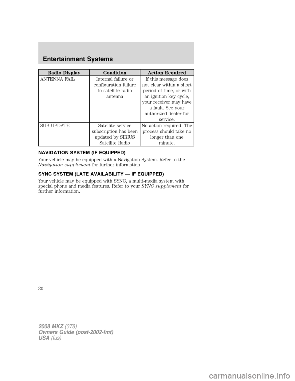 LINCOLN MKZ 2008 User Guide Radio Display Condition Action Required
ANTENNA FAIL Internal failure or
configuration failure
to satellite radio
antennaIf this message does
not clear within a short
period of time, or with
an igniti